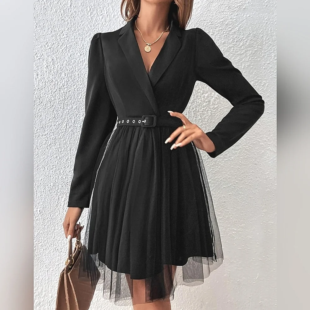 * New Chic Belted Blazer Tulle Skirt Dress Black